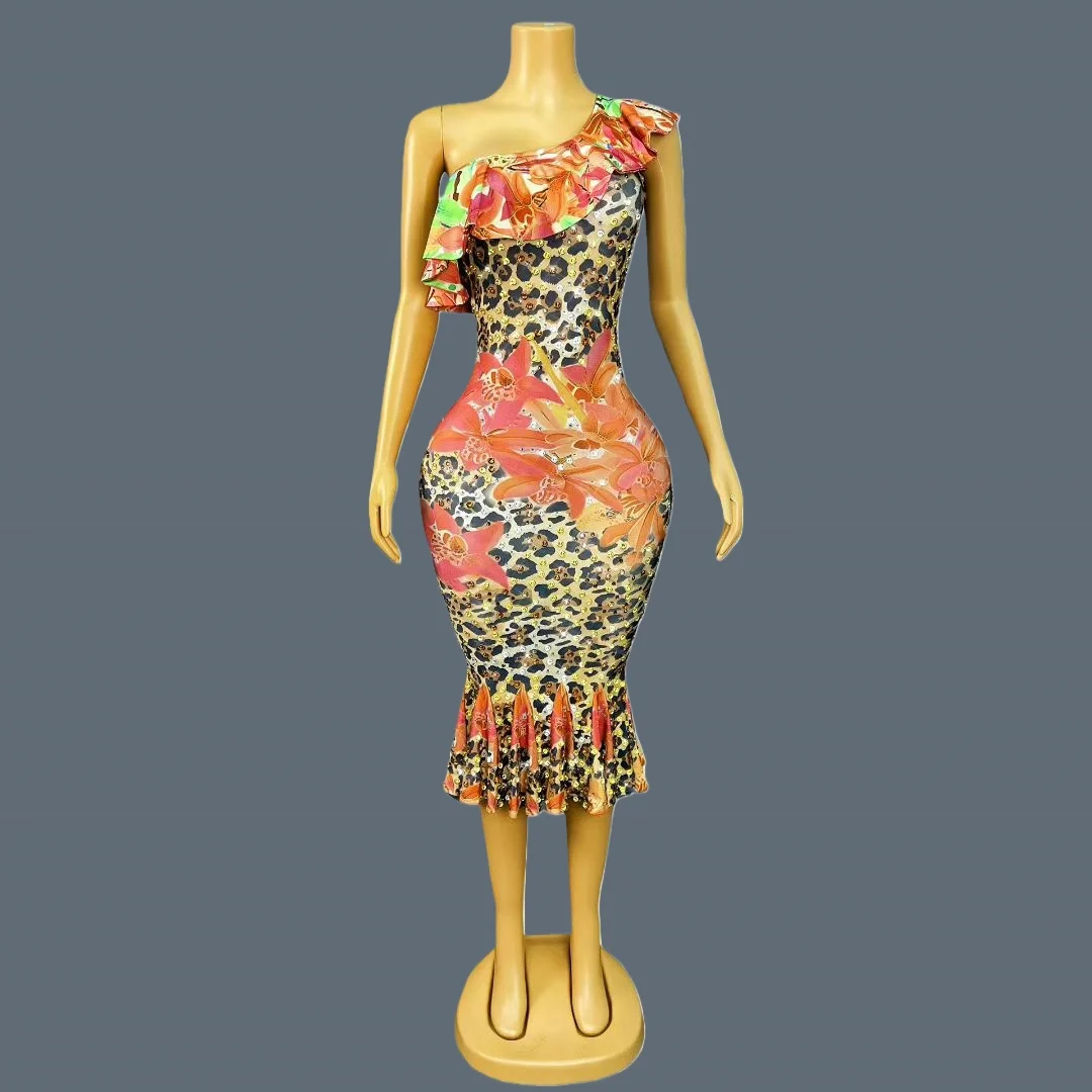 Sukienka koktajlowa w panterkę z falbanami, odkryte ramiona, bandażowa, elegancka, damska, na urodziny, wesele, modny strój, Heyebao