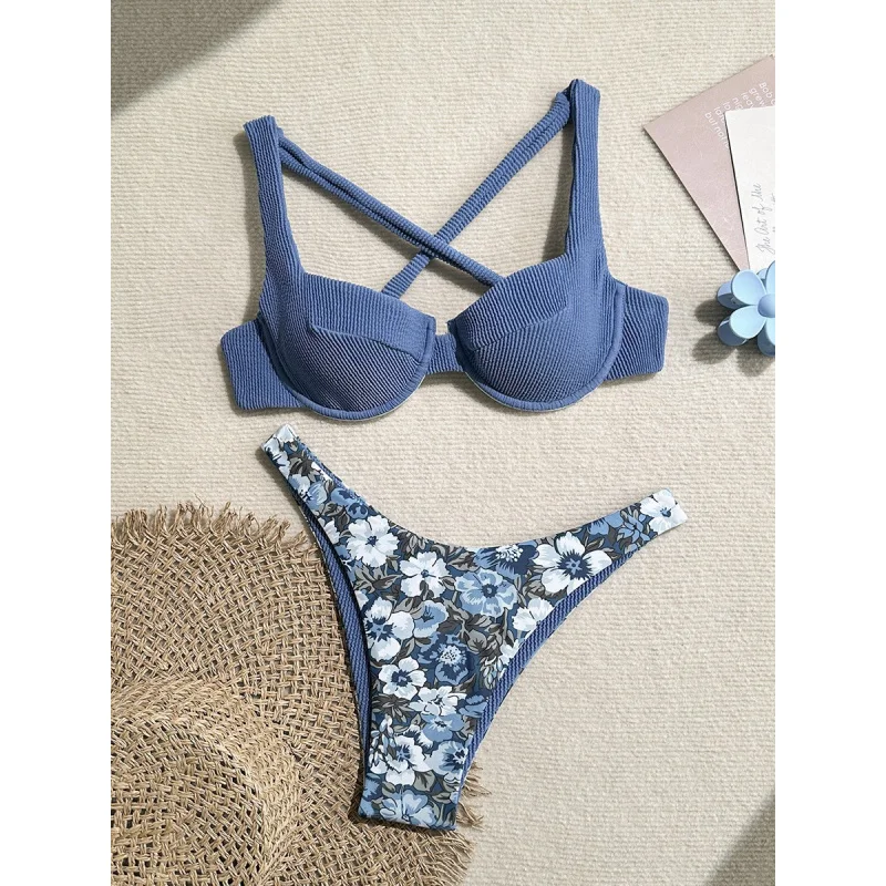 

New Bubble Strip Soft Padded Underwire Heart Neck Back Tie Two-Piece Bikini Summer Beach Fashion