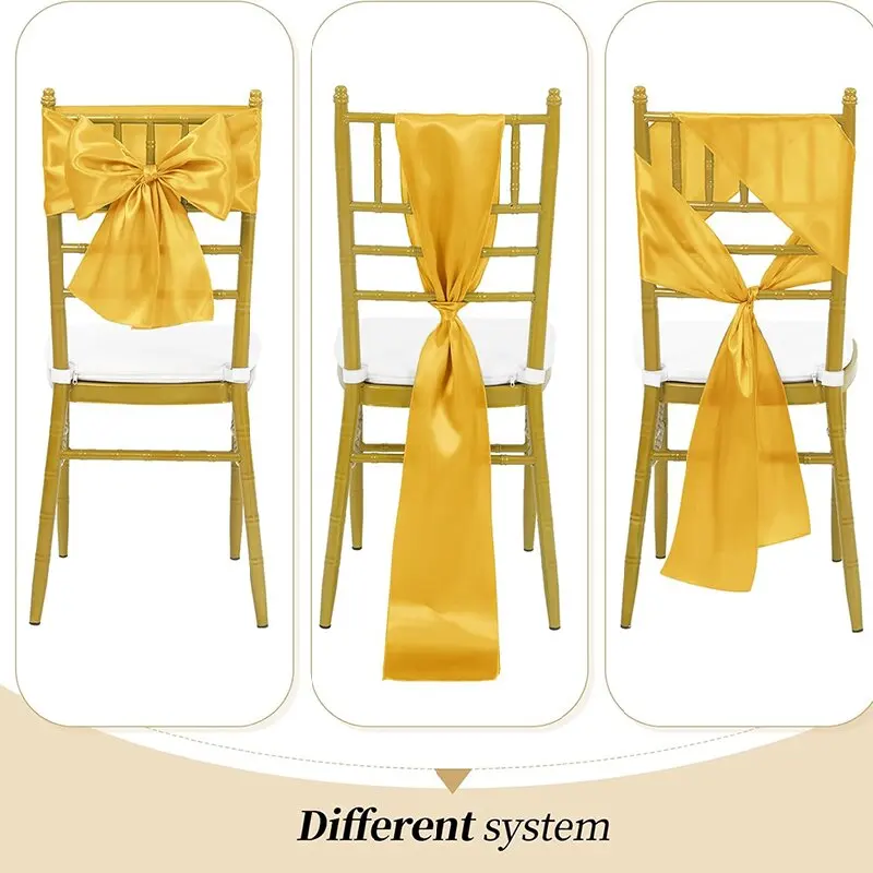 10/50Pcs Gold Satin Chair Sashes Ties Bows 7x108inch for Wedding Party Baby Shower Christmas Banquet Restaurant Hotel Decoration