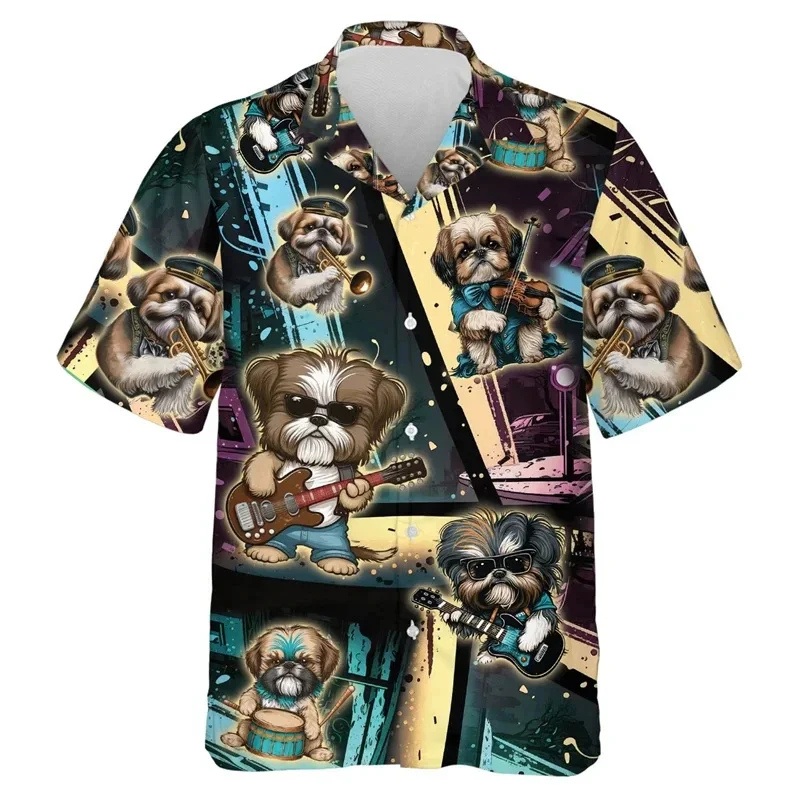 สุนัขเพลงพิมพ์ 3D ของผู้ชาย เสื้อยืดแขนสั้นพร้อมสุนัขและสัตว์เลี้ยงกราฟิกที่น่าสนใจ เสื้อเชิ้ตคอปกคิวบาแขนสั้น