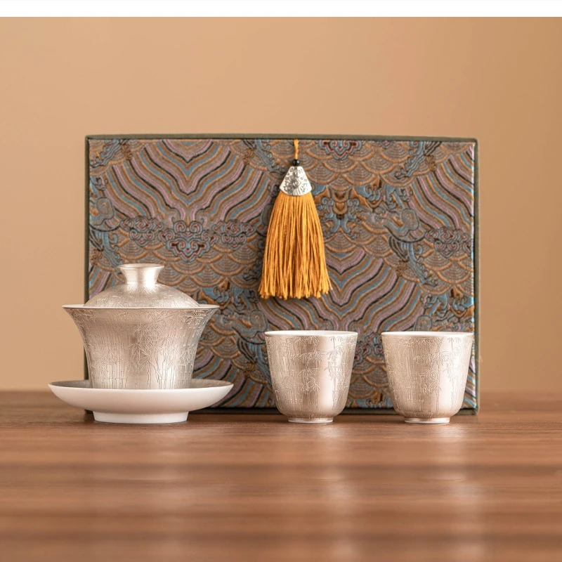 999 silvering Kung Fu tea Set accompaniment Ceremony Light luxury ceramic high-end gift box to send friends elders gifts