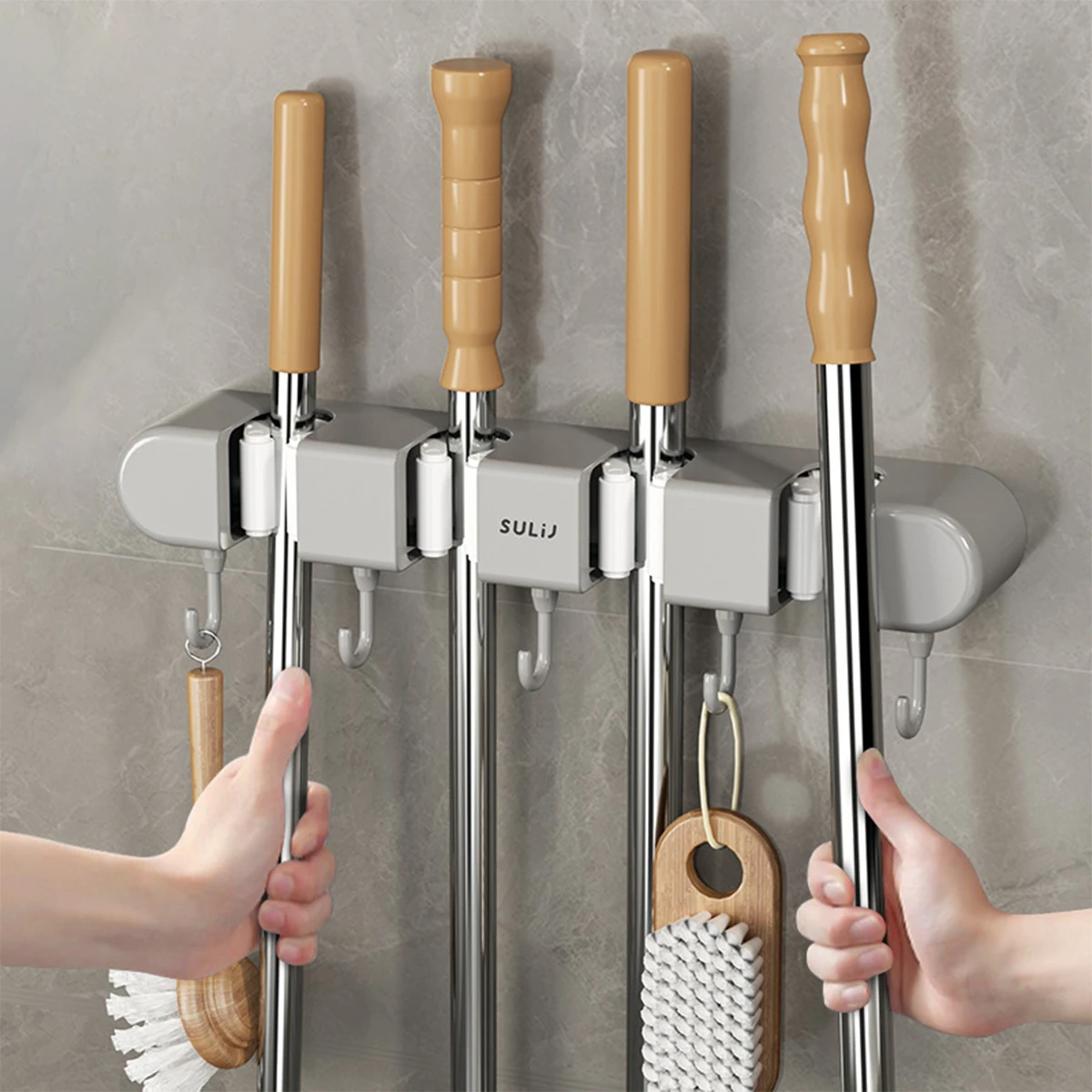 Broom Mop Holder with Hooks Wall Mounted Broom Storage Rack No Drilling Self-Adhesive Mop Broom Organizer for Bathroom