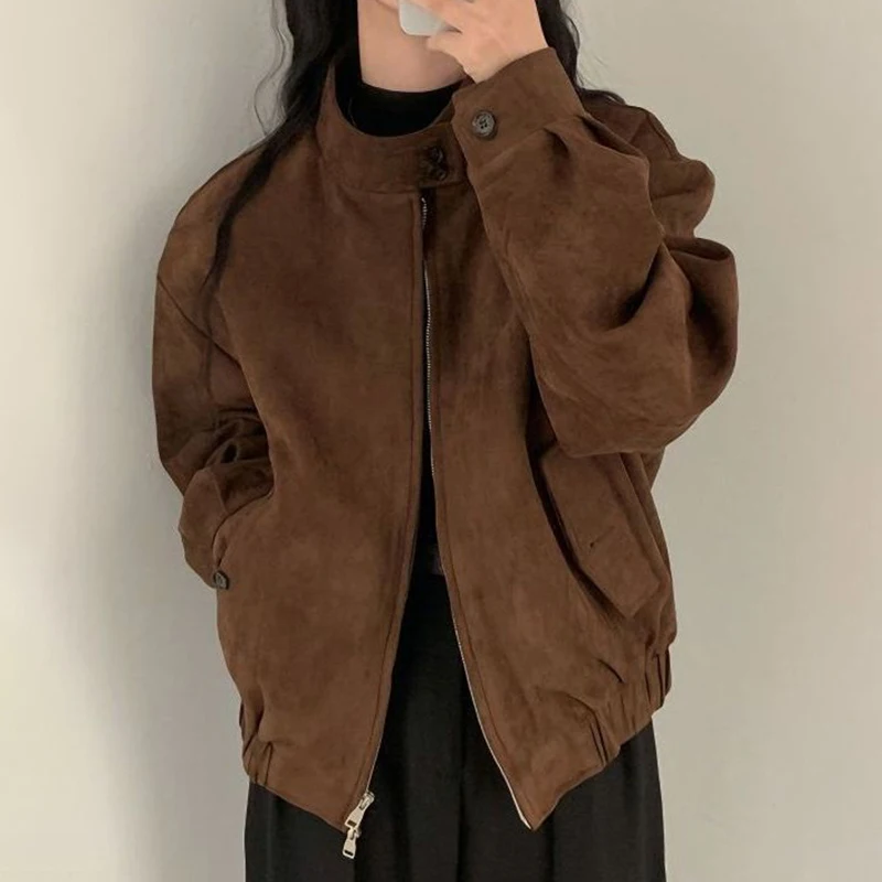 

American Retro Brown Suede Jacket Elegant Loose-fit Versatile Coat For Women Fashionable Casual Daily Commuter Outerwear
