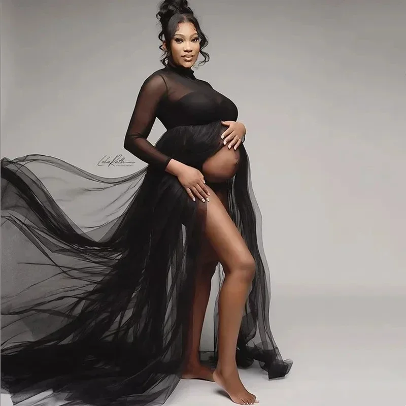 

High Neck Stretchy Mesh Maternity Photography Tulle Dress Full Sleeve See Through Pregnancy Mesh Maxi Dress For Photoshoot 2023