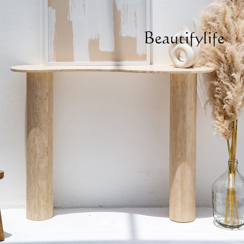 

Natural travertine entrance table, entrance door against the wall, long table, retro art cream wind entrance platform
