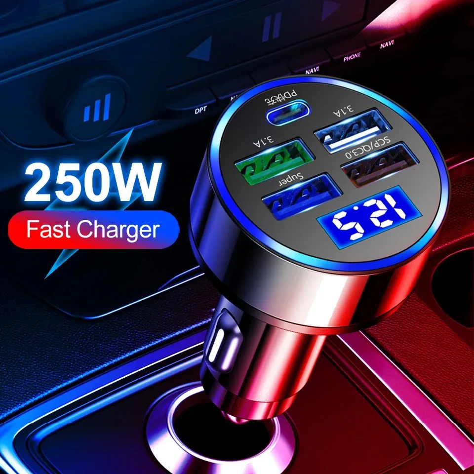 250W Car Charger 5 Ports Fast Charge PD QC3.0 USB C Car Phone Charger Type C Adapter in Car For iphone Huawei Xiaomi Samsung