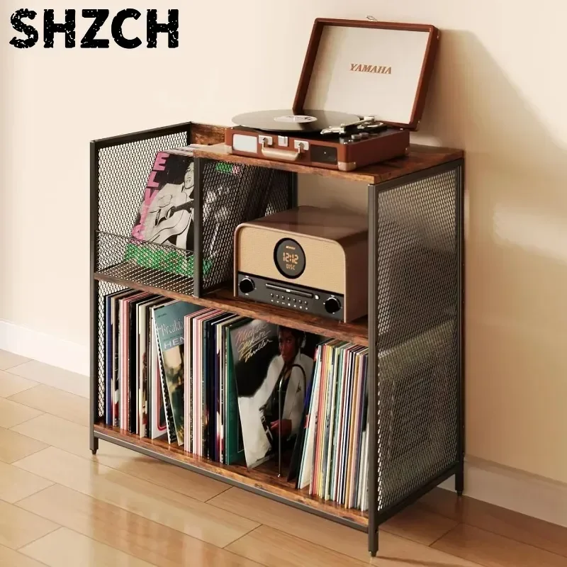 Vinyl Record Shelf - Vintage Wooden Storage for Turntable, 360° Rotating Display Stand with LED Lights, Living Room Decor