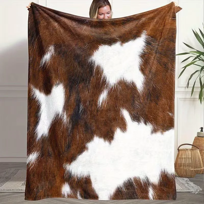 Faux Cowhide Animal Print Throw Blanket Brown White Cow Skin Pattern Soft Warm Blanket for Couch Bed Western Home Decor