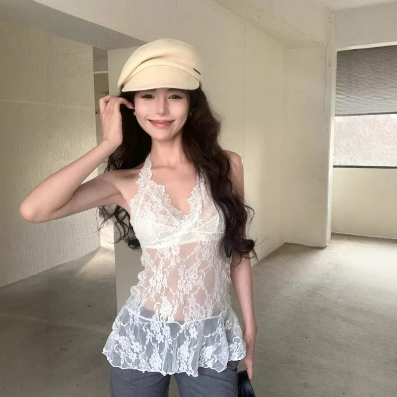 

Sexy Halter-neck Lace Halter Top for Women 2026 Spring New Fashionable Sweet Cool Spice Girl Wear Lace Top Inside and Outside