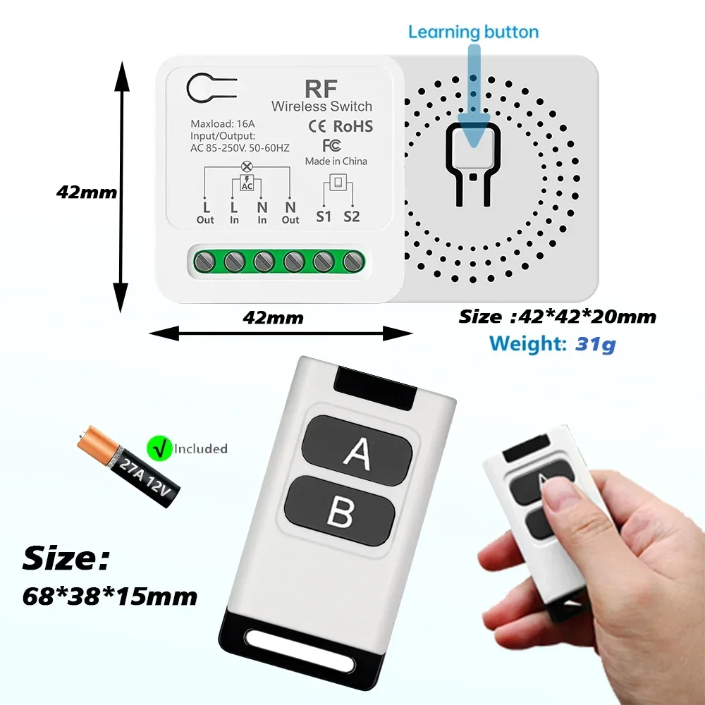 Remote Control 433Mhz Wireless Light Switch  AC110V 220V 230V 240V 16A 3000W Mini Relay Receiver Timing Control for Lamp Led Fan