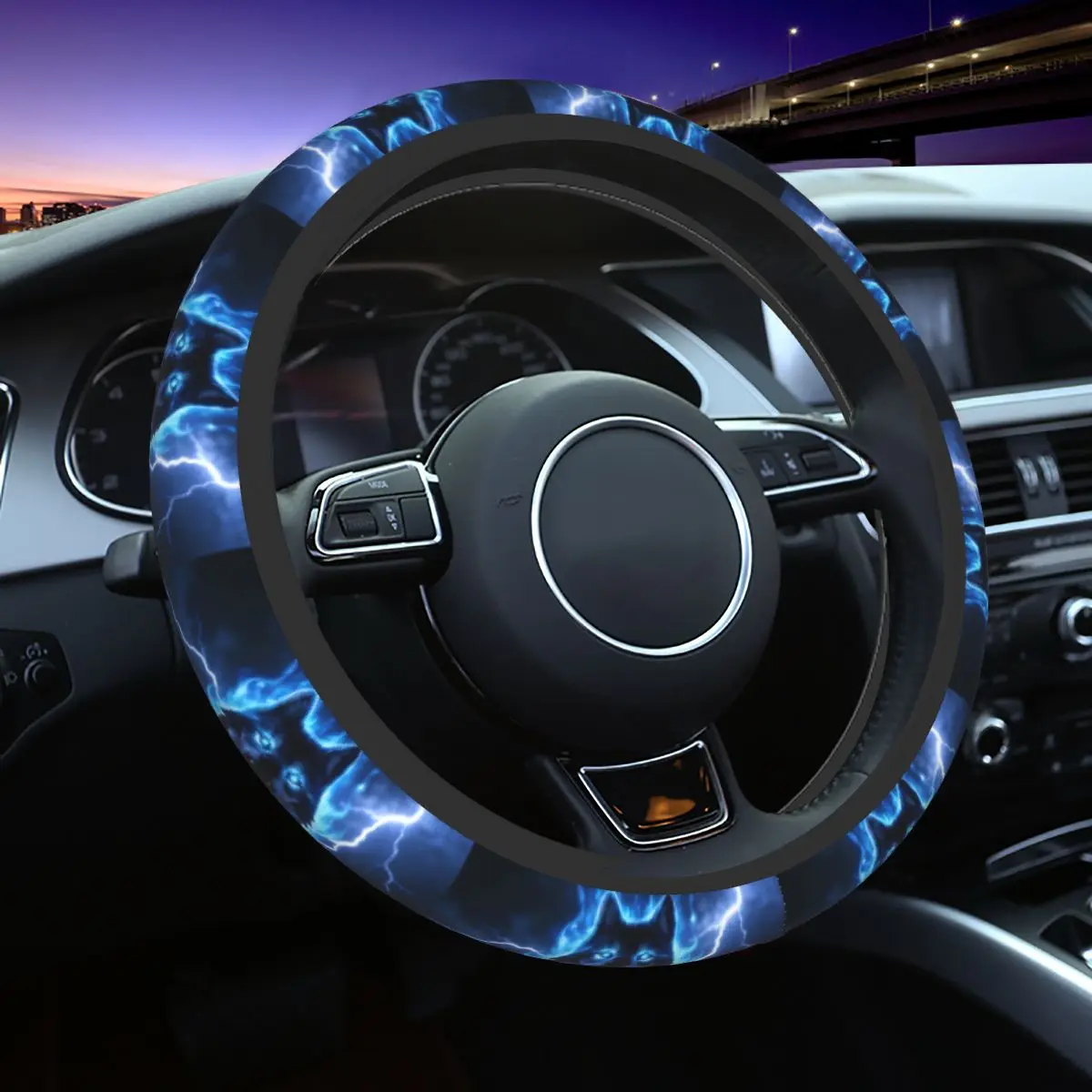 38cm Car Steering Wheel Cover Blue Flame Howling Wolf Elastic Braid On The Steering Wheel Cover Auto Steering-Wheel Accessories