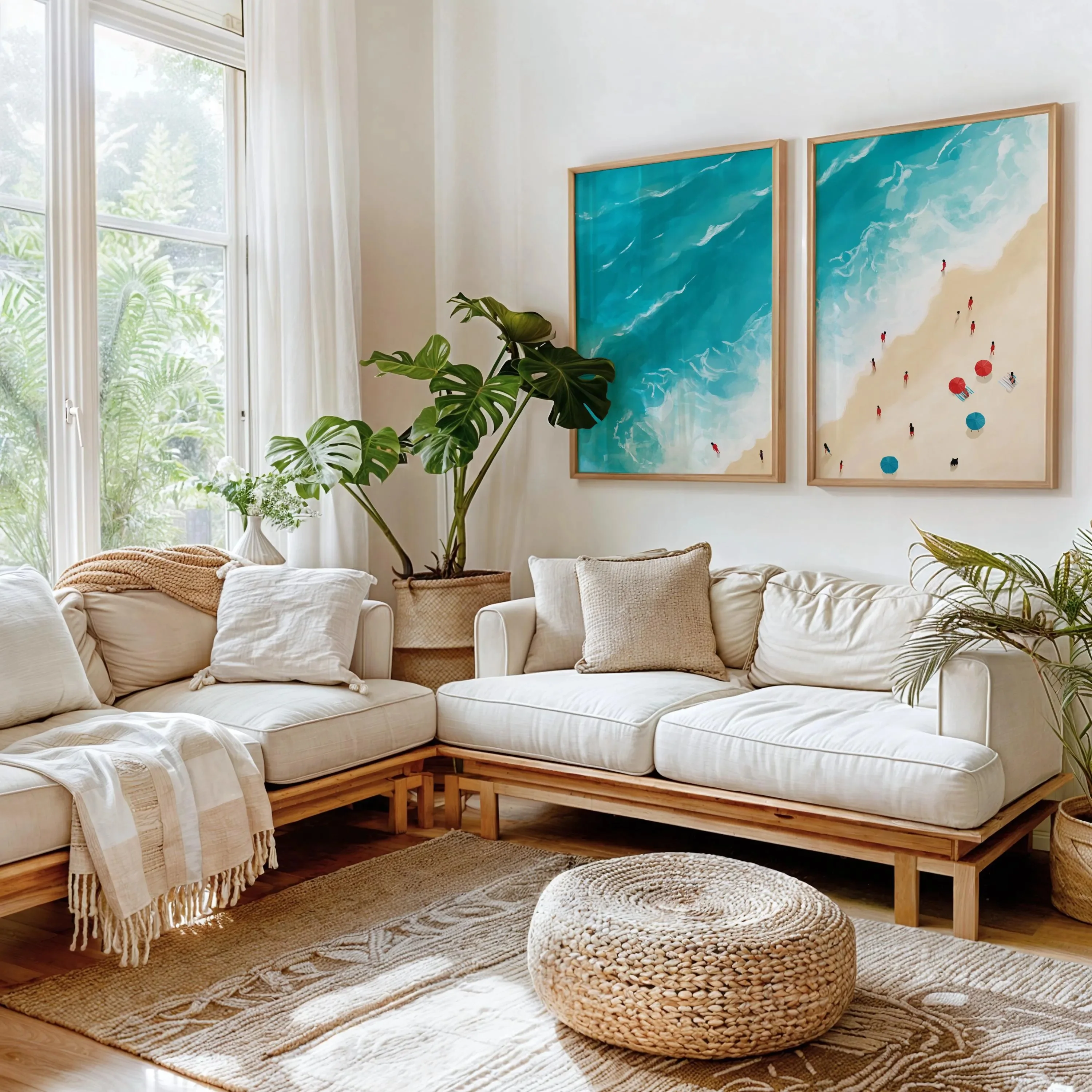 2PC Summer Swimming Prints, Coastal Beach Wall Art, Beach House Decor, Tiny People in Ocean Posters, Minimalist Art Decor