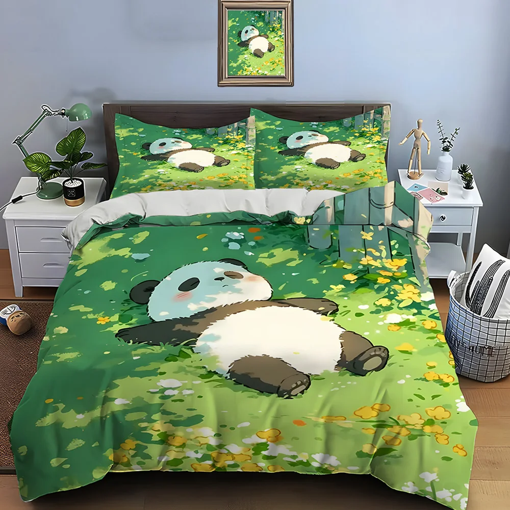 Cute Panda Lying on Grass Print Bedding Set 1 Duvet Cover 2 Pillowcases for Adult and Children Luxury Gift Full Size