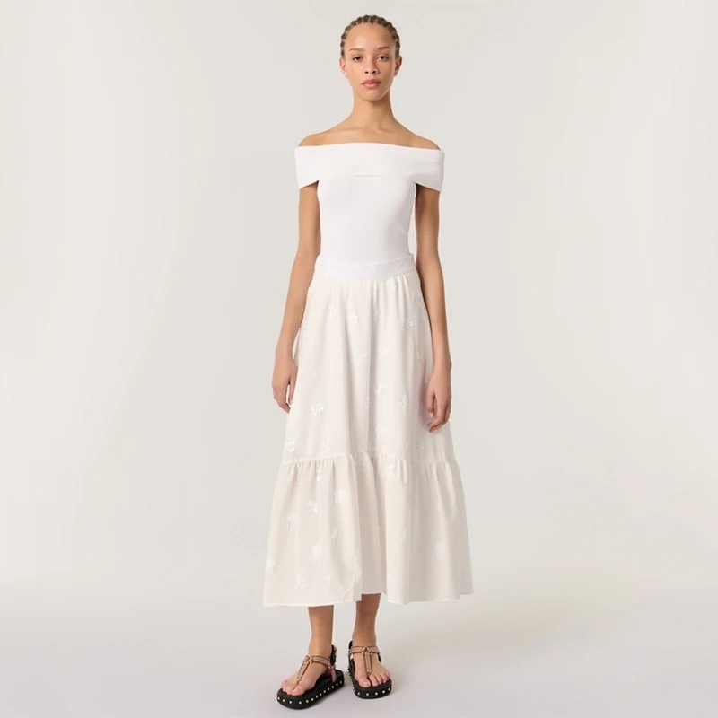 

Ele Faionable Embroidered Sequin Pattern Long Skirt Midi Skirt for Women MaSandeM Summer New Arrival JU044