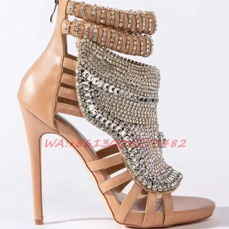 Rhinestones Beaded Blingbling Women's High Heel Sandal Peep Toe High Top Ankle Strap Luxury Diamond Roman Gladiator