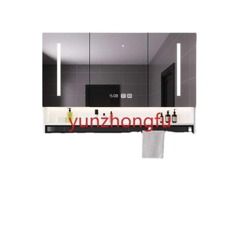 Smart Bathroom Mirror Cabinet Separate Wall-Mounted  with Light Defogging Cosmetic  Simple Solid Wood  Shelf