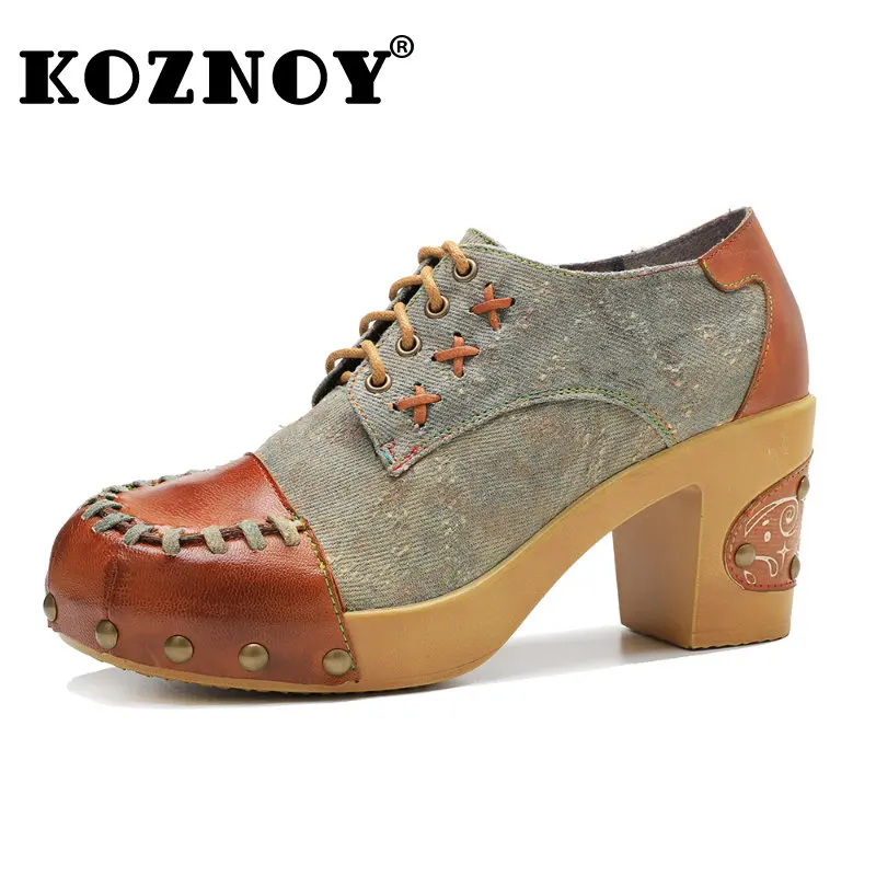 

Koznoy 7.5cm Denim Sheepskin Leather Ethnic Autumn Women's Plus Size Pumps Fashion Luxury Elegant Females Retro Lace Up Shoes