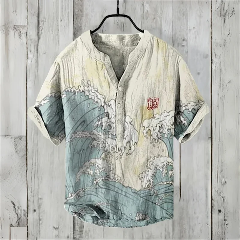 Oversized Summer Tops 2026 New Men's Japanese Ukiyo-E Wave Print Henley Shirt Holiday Short Sleeve Lightweight Breathable Tunic