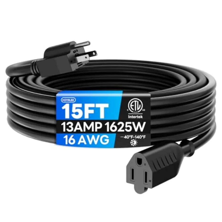 

15 Feet Indoor Outdoor Extension Cord - Heavy Duty 16/3 Gauge, Waterproof Weather Resistant, 3 Prong, 13A 1625W SJTW, ETL Liste