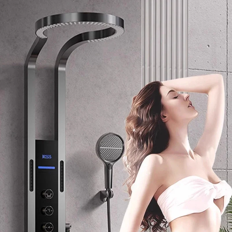 Usa Popular Design Rainfall Waterfall Shower Head Black Brushed Digital Wall Mounted Rain Sprinkler Shower Set Panel