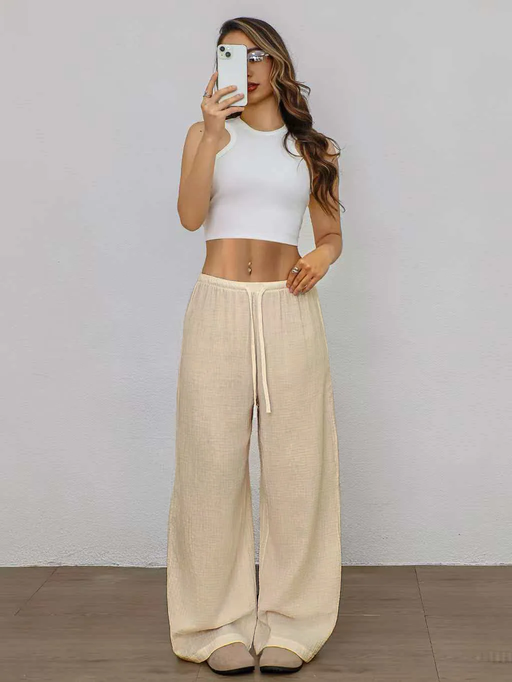 Women's Casual Solid Pants Spring/Fall Drawstring Wide-Leg Trousers Comfy Simple Lounge Wear Sweatpants Vacation Beach Outfits