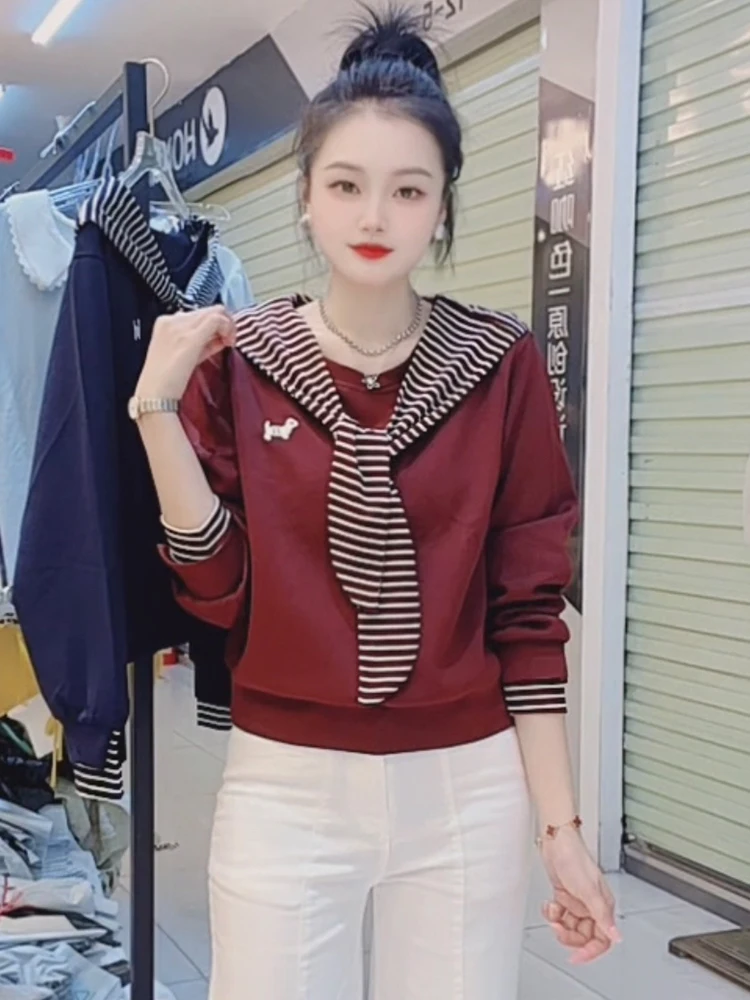 

Trendy Striped Patchwork Hoodie Women's Loose Faionable Anti-Aging Top Korean Sle Long Sve round Ne Sweatirt