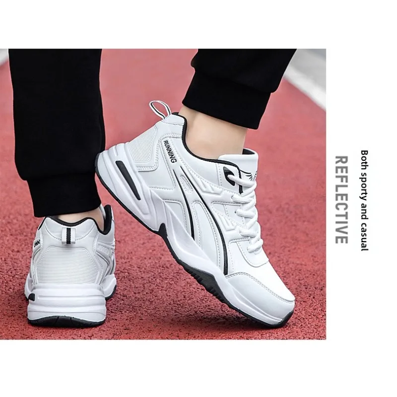 

New Men's Autumn and Winter Sports Running Shoes with Leather Upper Large Size Soft Sole Anti-slip Low Top Round Toe and Lace-up