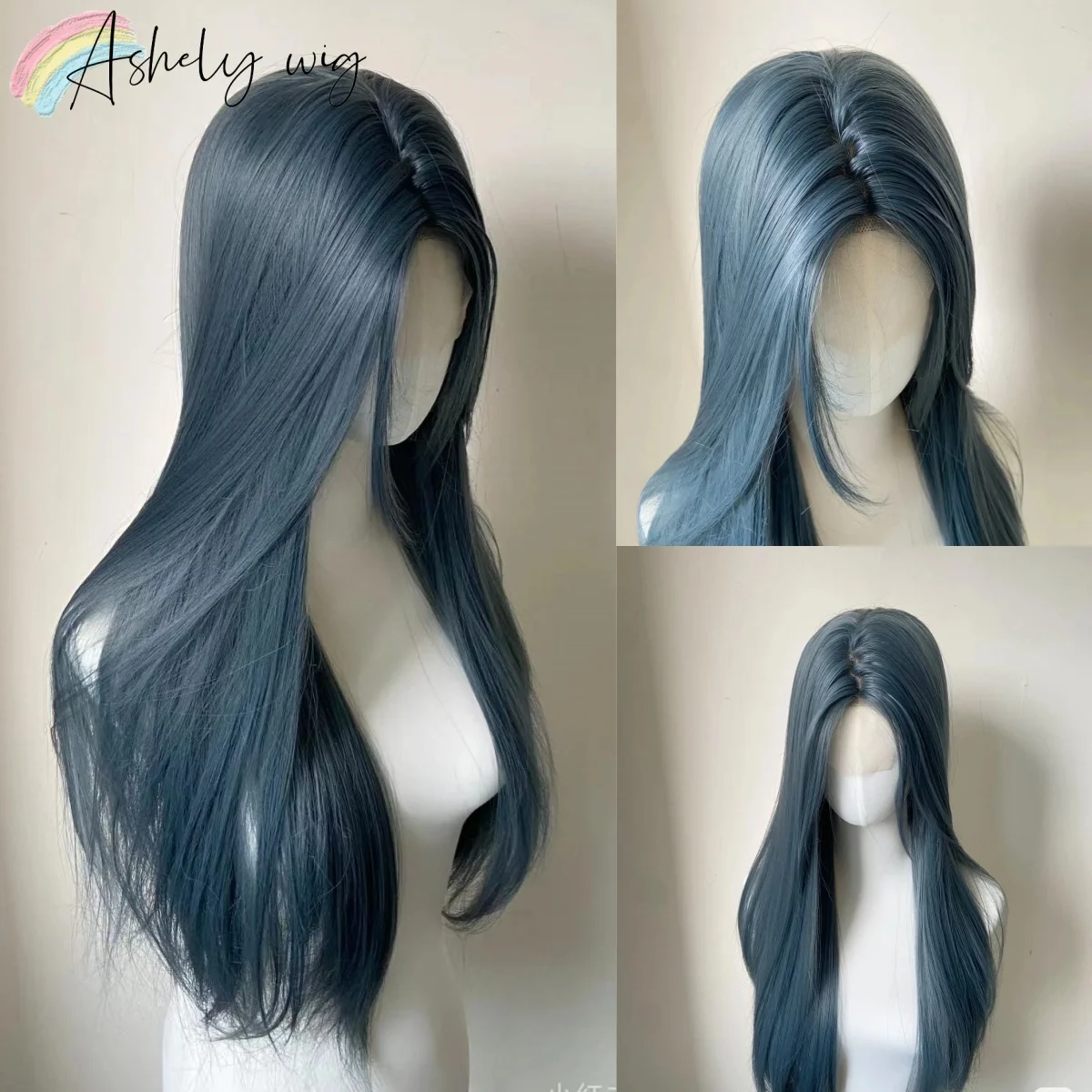 

Smoke Blue Lace Front Wig Long Straight 13x4 Lace Wigs 24inch High Quality Natural Daily Use Deep Part Blue Synthetic Lace Wigs