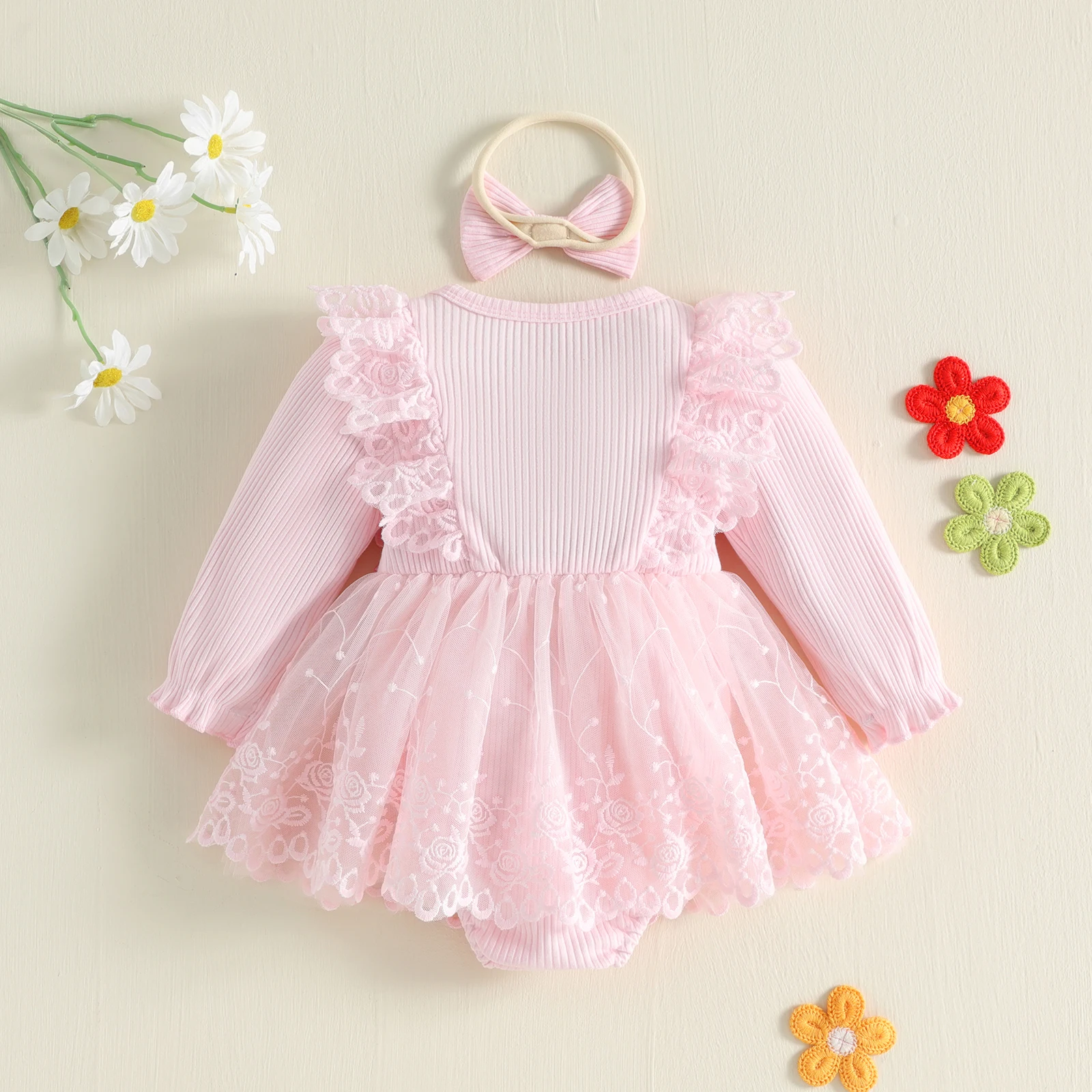 Sweet Baby Girl Fall Bodysuit Long Sleeve Floral Lace Romper Dress Headband Clothes