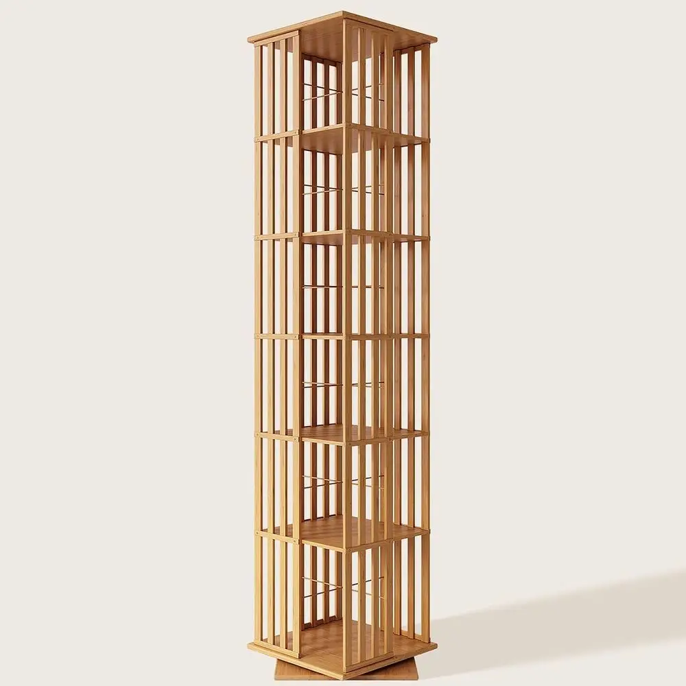 XIMN 360° Rotating Bamboo CD/DVD Shel - 6-Tier Space-Saving Media Storage Cabinet or Movies, Organizer with Super Compact Design