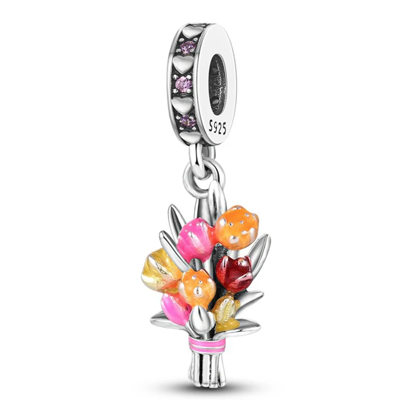 Neue Frauen geschenk 925 Silber kreative Pflanze Serie bunte Blume Nelke Perlen Mode DIY Charme Armband Anhänger Schmuck