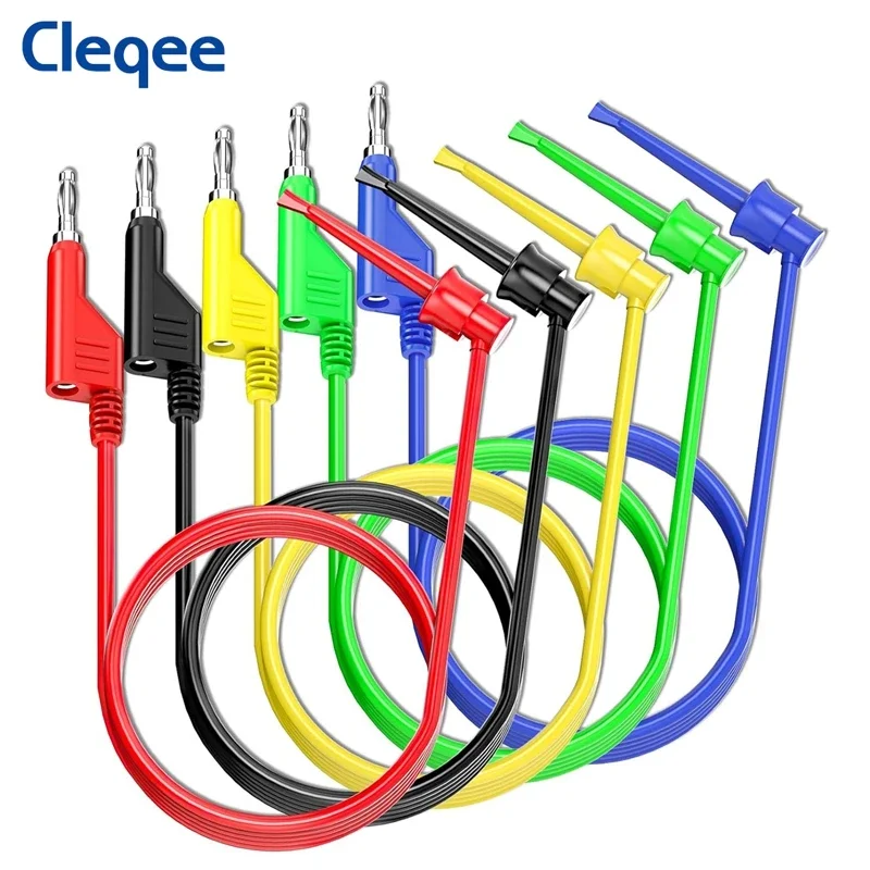 Cleqee P1045 5pcs Test Hook Clips to 4mm Stackable Banana Plug Test Leads Mini Grabber Cables Multimeter Copper 100cm Wire