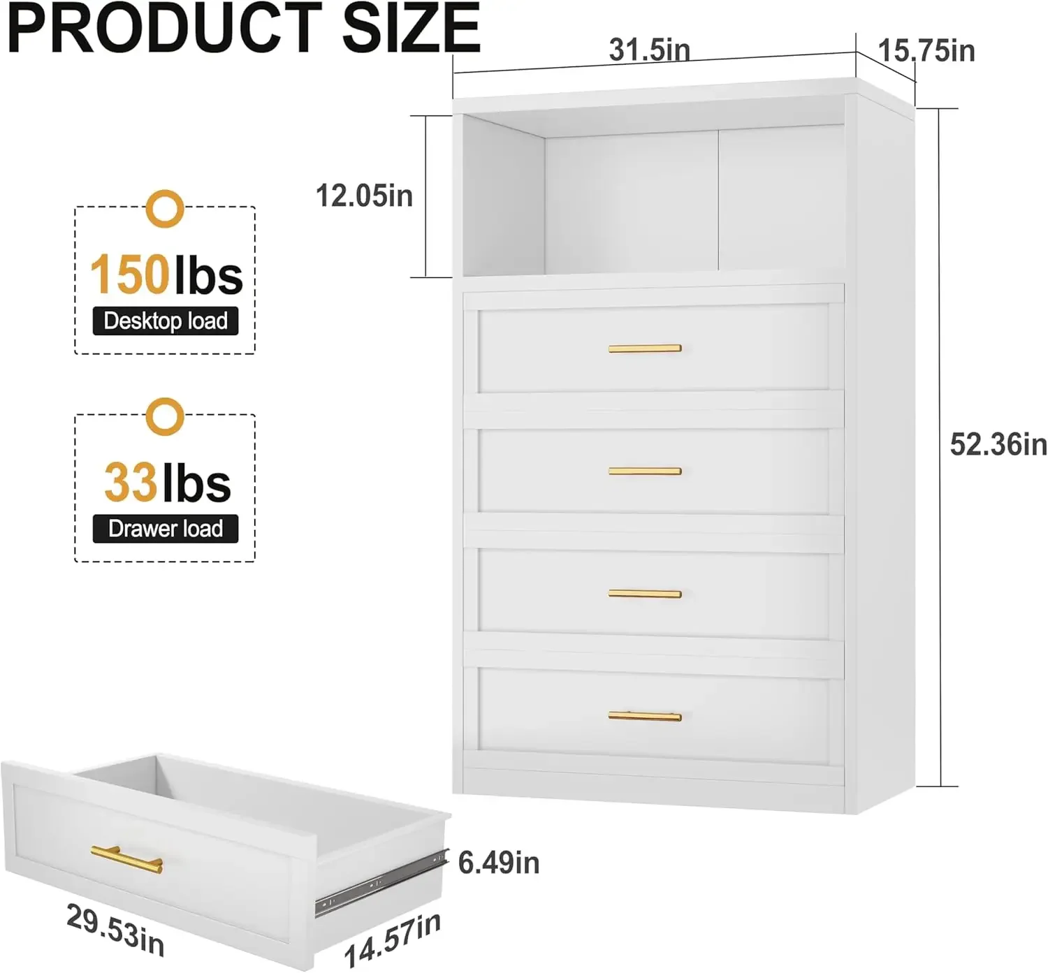 Tall Dresser Drawer For Bedroom, Metal Storage Chest Of 4 Drawers And 1 Open Countertop, 52.4