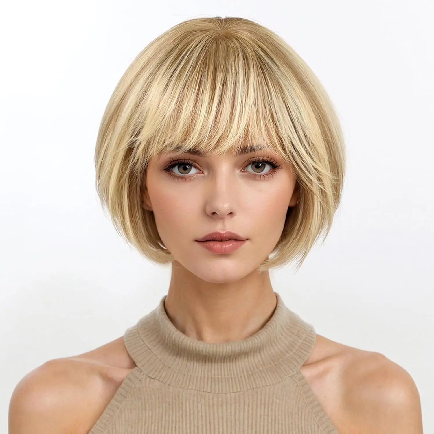 Ombre Golden Brown Human Hair Wig 100% Remy Human Hair Wig 10inch Bob Blonde Brown Natural Soft Daily Hair for Women with Bangs