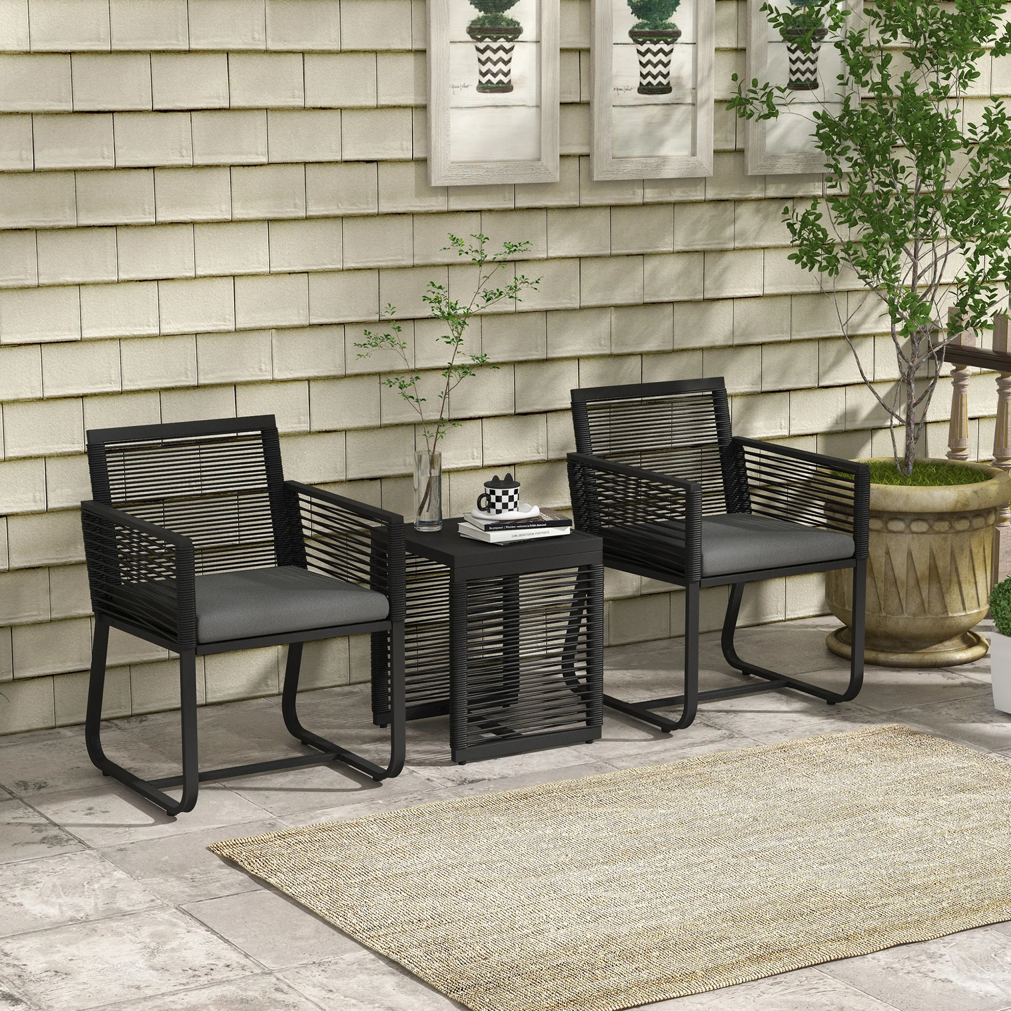 Conjunto De Jardín De Ratán De 3 Piezas Outsunny, Conjunto De Salón Para Exterior Con 2 Cojines Extraíbles Y Mesa De Centro De