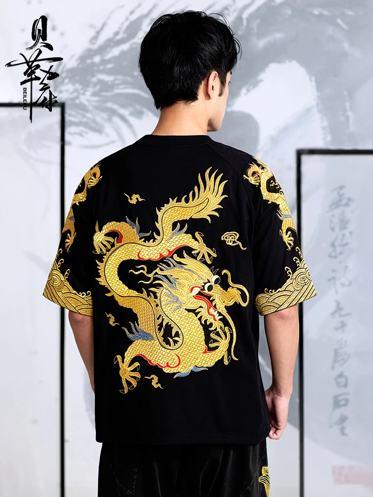 Chinese Style Men's Gold Dragon Robe Embroidery T Shirt Man Emperor National Trend Short Sleeves Black