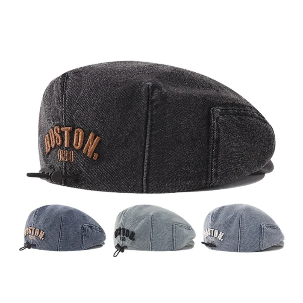

Retro Solid Color Kids Denim Beret Embroidered Letter Drawstring Peaked Cap All-match Forward Hat Newsboy Cap Outdoor