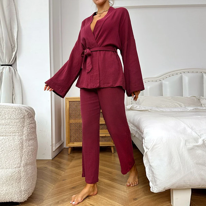 100% Cotton Women\'s Nightgowns Robe Kimono Pajama Set Sleepwear Trouser Suits Drop Sleeves Set Woman 2 Pieces Bathrobe For Women