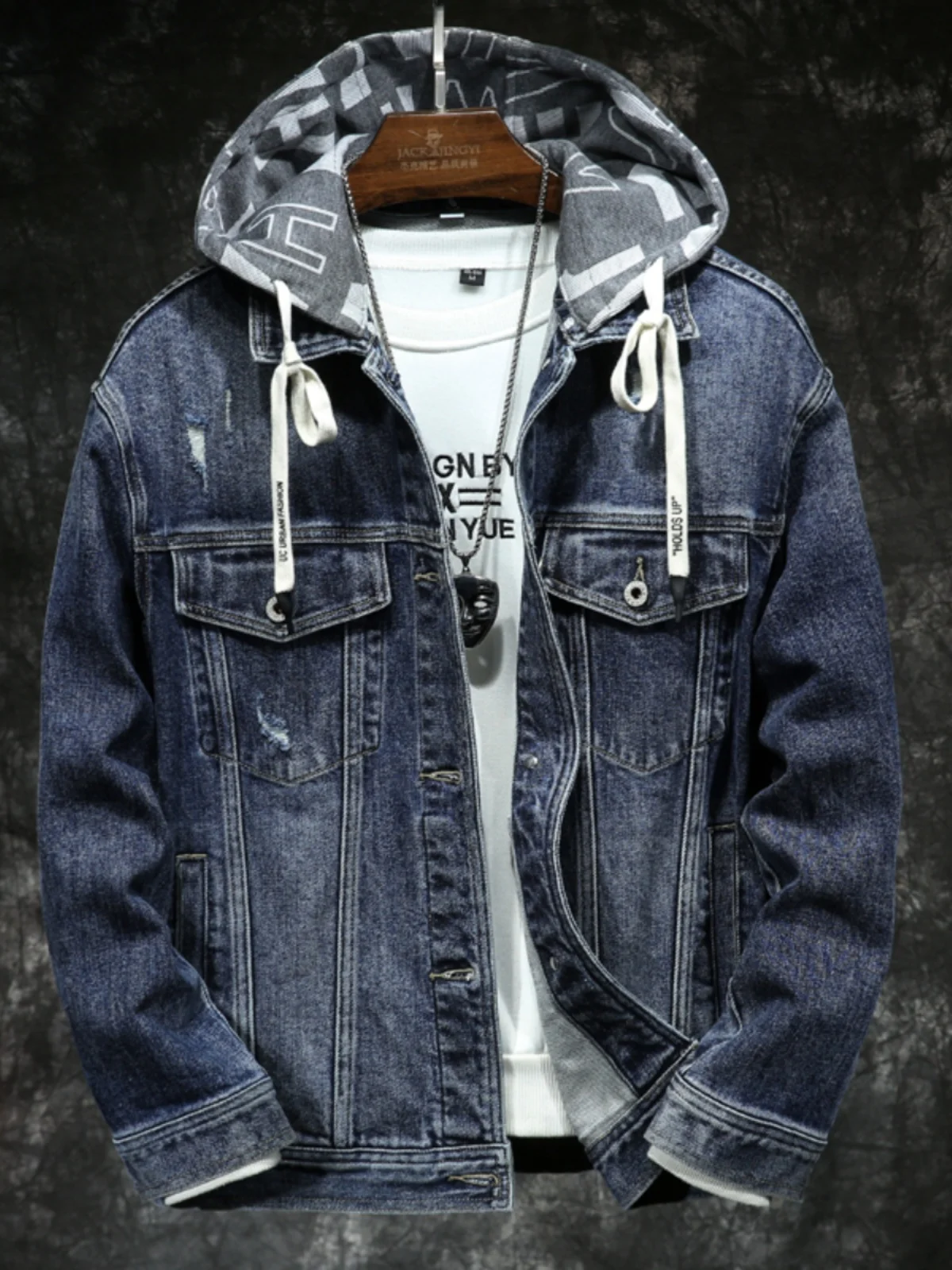 Men's Hooded Denim Jacket Spring Autumn Trendy Loose Large Size Fake Two-Piece Jacket Youth Students Upper Apparel