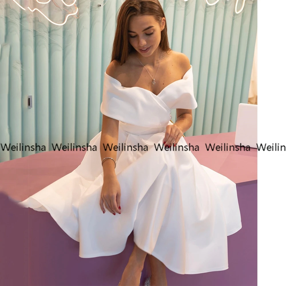 

Simple Off The Shoulder White Wedding Dresses Customized 2025 A Line High Quality Satin Bridal Gowns for Marriage Midi Length