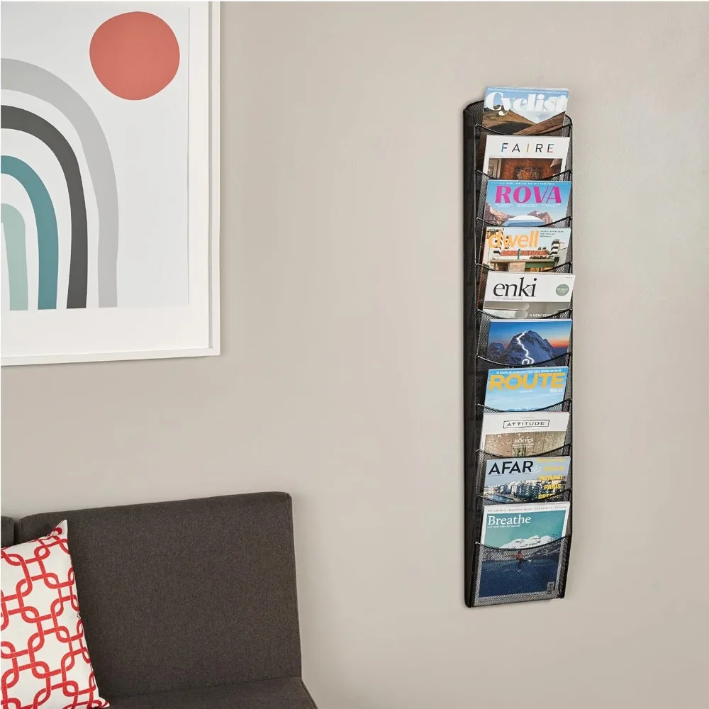 

Commercial 10 Pocket Magazine Rack 5579BL-Black-Stainless Steel- Wall Mounted-5 lbs Capacity-Organize Magazines or Journal