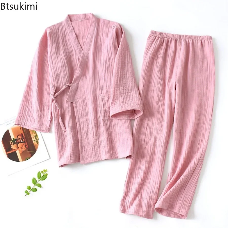 2024 Heren Katoenen Pyjama Losse Badjassen V-Hals Kimono Nachtkleding Driekwart Mouw Vetertops Broek Homewear Sets Voor Heren