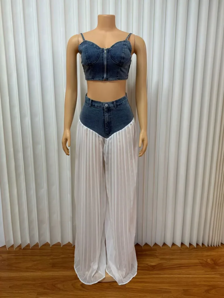 

Комплект брюк 2025 г. Женские комплекты из двух предметов с v-образным вырезом, одинаковые комплекты с коротким жилетом, топы, широкие длинные брюки, джинсовые клубные летние брюки с высокой талией