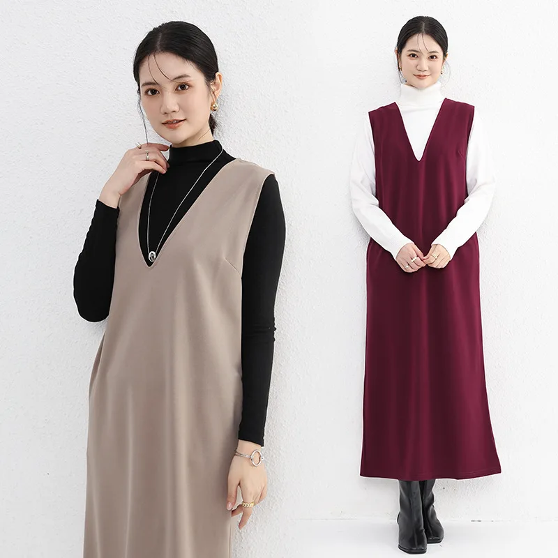 Winter Warm Sleeveless dress V-Neck Casual Loose Tank dresses solid color Japan and Korean Style all match