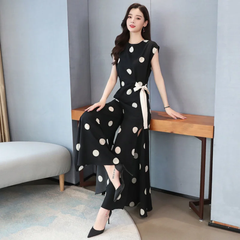 Women\'s Suit Chiffon Wide Leg Pants Skirt Suit Polka Dot Top For Women Sport 2022 Summer New Fashion 2 Two Piece Set Clothing