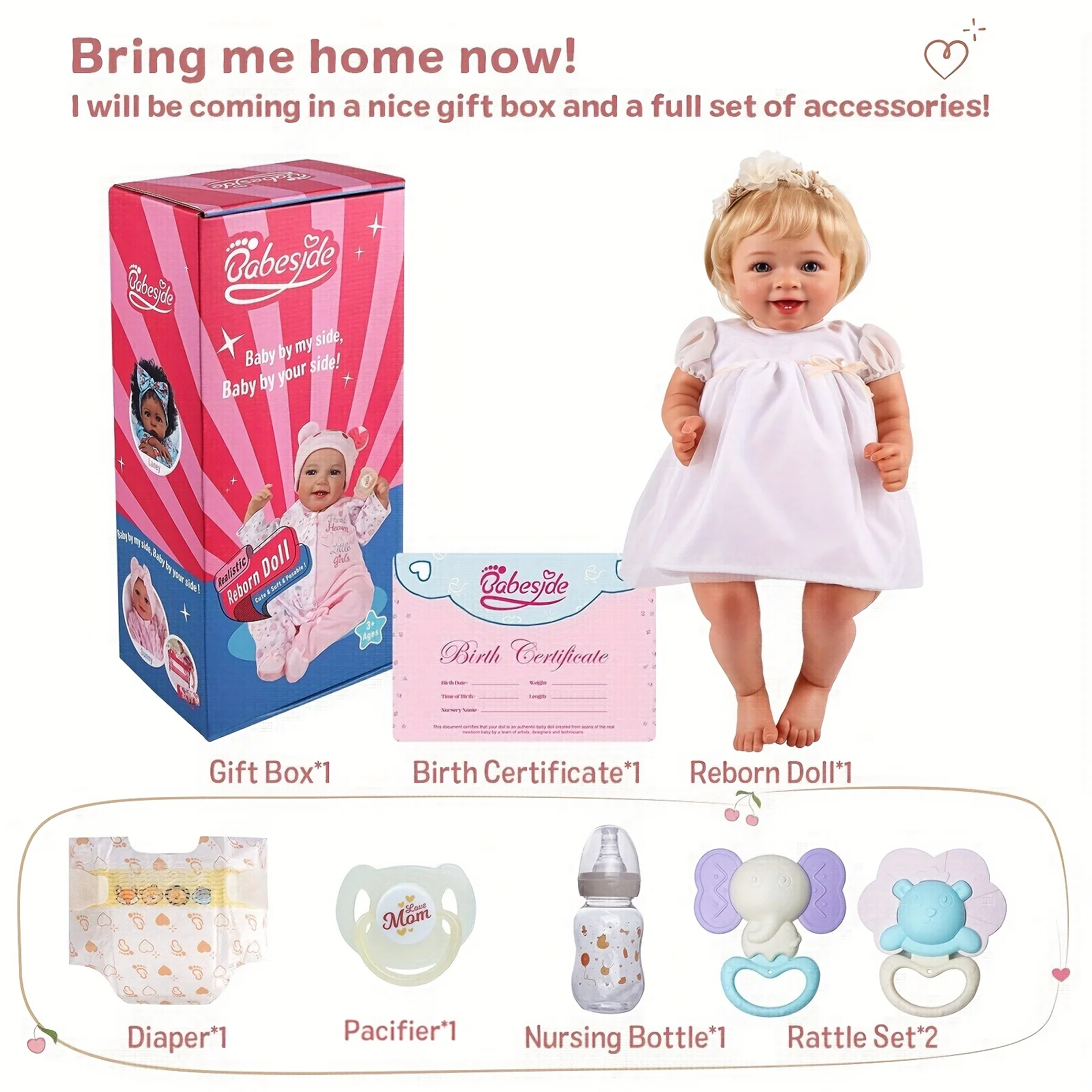 BABESIDE Realistyczne lalki Reborn - 20-calowa realistyczna lalka dziewczynka z zestawem akcesoriów Prezent dla dzieci w wieku 3+