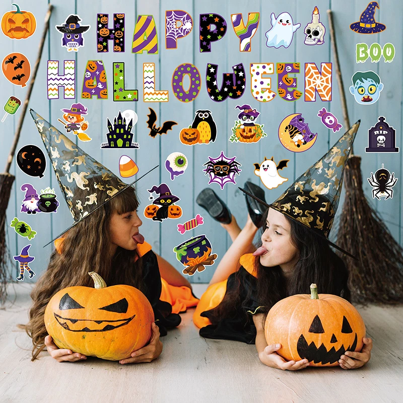 81 Pcs Happy Halloween Cutouts For Bulletin Board Decor Set With Border- Halloween Themed Pumpkin Spider Ghost Witch Paper Cut-O