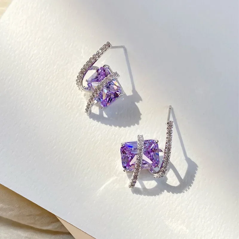 2024 Gorgeous Purple Cubic Zirconia Stud Earrings for Women Newly Designed Bridal Wedding Accessories Aesthetic Jewelry 2023