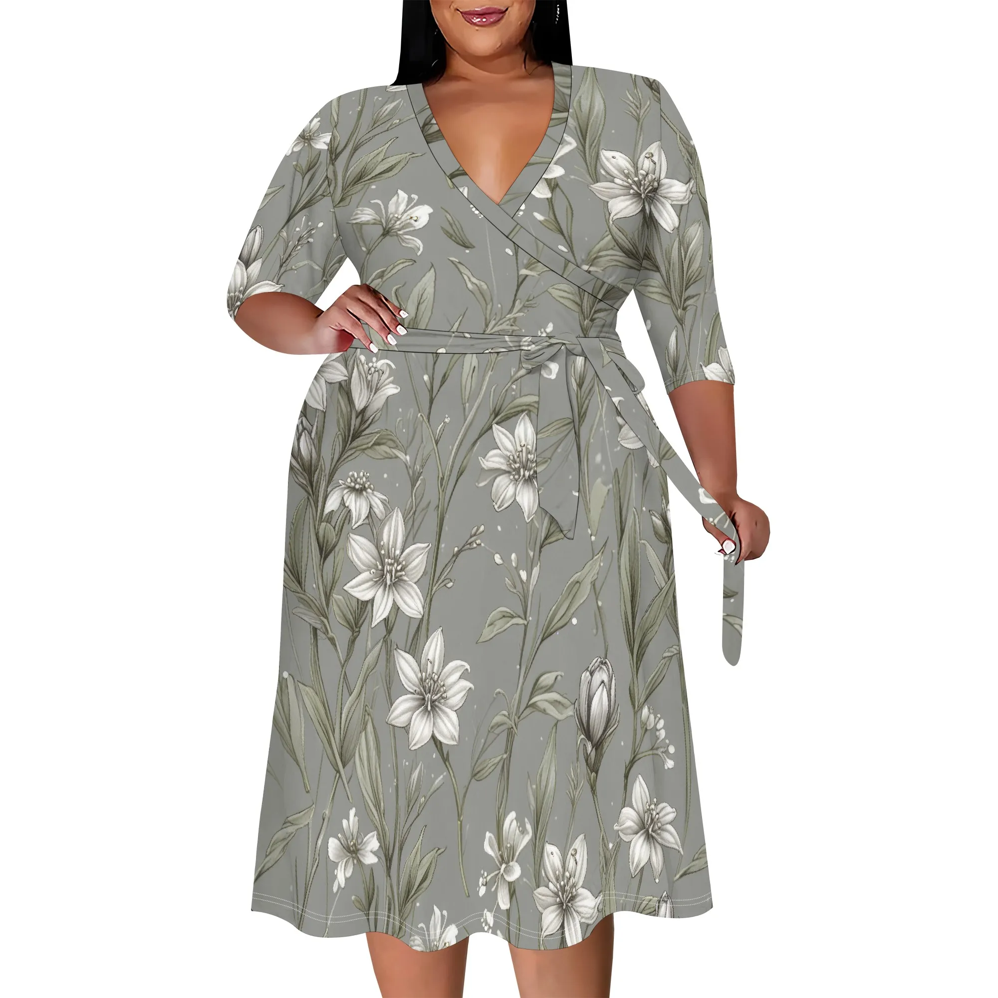 

Plus Size Midi Dress for Women Printed Summer V Neck 3/4 Sleeve Casual Loose Dresses with Belt