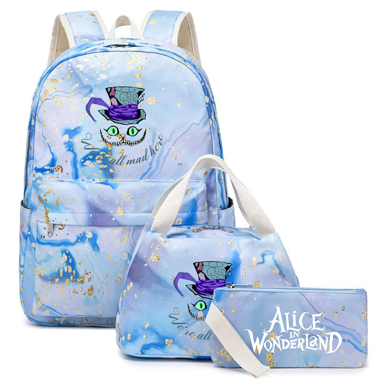 3Pcs Alice in Wonderland Girl Kid Backpack Capacity Student Schoolbags Double Shoulder Bag Travel Pen Lunch Bags Bookbag Laptop